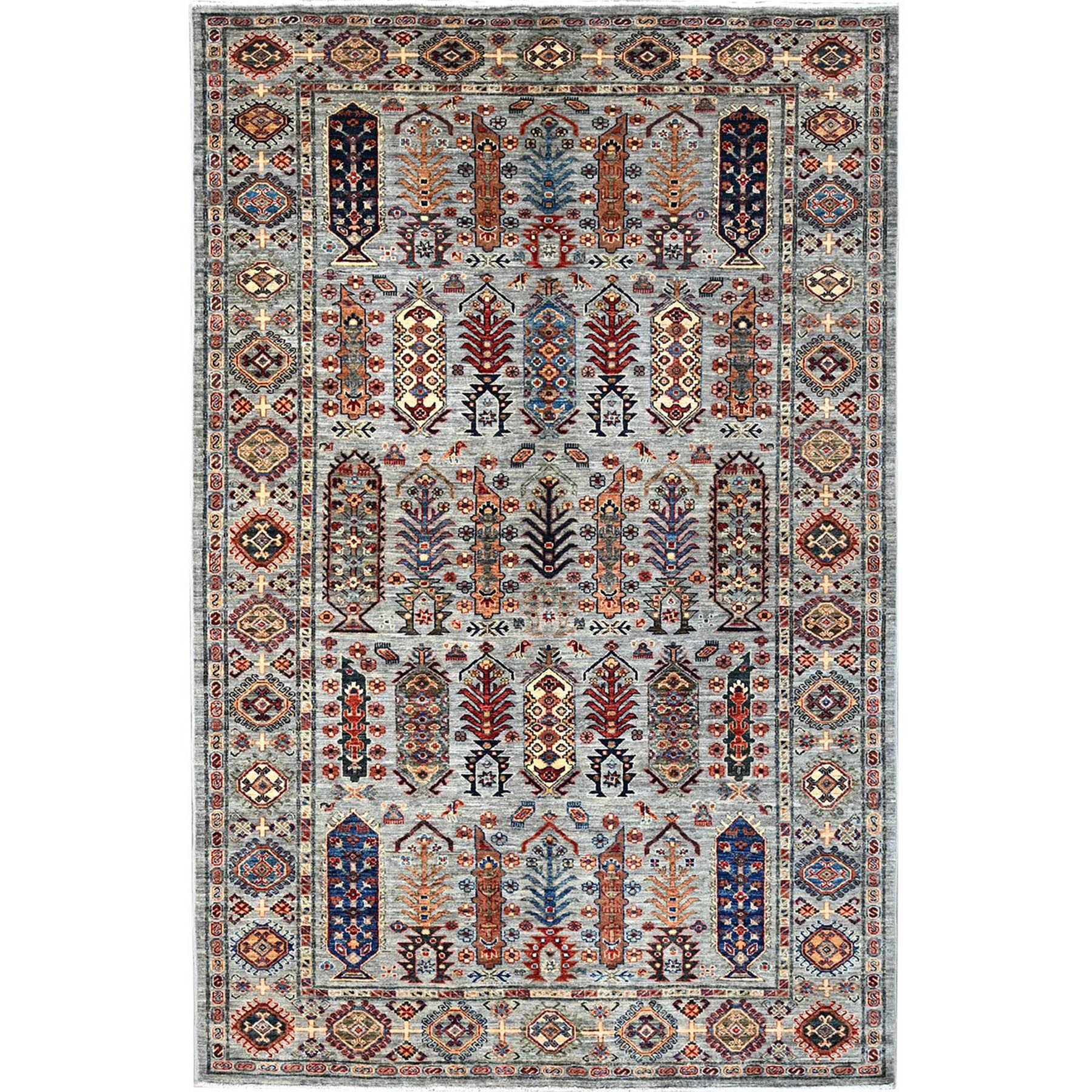 Power Gray, Vibrant Wool, Densely Woven, Vegetable Dyes, Afghan Super Kazak Hand Knotted Repetitive Tree Design, Oriental Rug